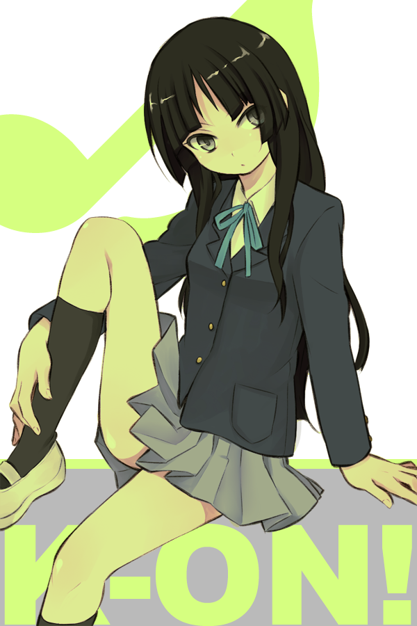 emdo (norabbit), akiyama mio, k-on!, bad id, bad pixiv id, 00s, 1girl, black eyes, black hair, black socks, blazer, blunt bangs, female focus, head tilt, hime cut, jacket, kneehighs, long hair, mary janes, miniskirt, pleated skirt, school uniform, shoes, sitting, skirt, socks, solo, uwabaki