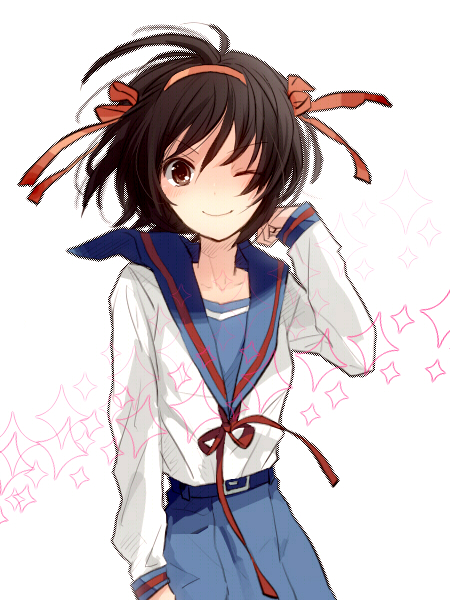 hakoda eko, hakodaeko, suzumiya haruhi, suzumiya haruhi no yuuutsu, 00s, brown eyes, brown hair, dither, dithering, hair flip, hair ribbon, one eye closed, ribbon, school uniform, serafuku, short hair, smile, solo, wink