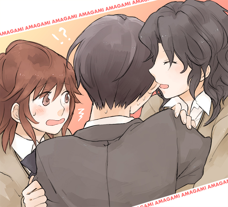 pe88y (yu tsugirls), sakurai rihoko, tachibana jun'ichi, tanamachi kaoru, amagami, biting ear, 1boy, 2girls, biting, messy hair, multiple girls, school uniform, sweater