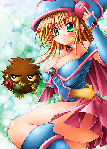 kogarashi (wind of winter), dark magician girl, kuriboh, yu-gi-oh!, yu-gi-oh! duel monsters, yuu-gi-ou, lowres, blonde hair, blush, breasts, cleavage, duel monster, flower, green eyes, jewelry, necklace, rose, thighhighs