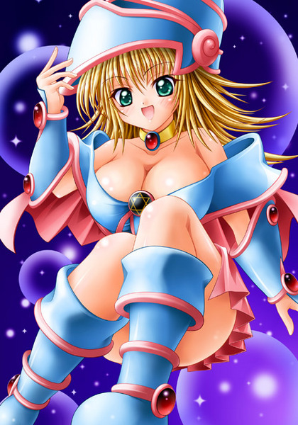 kogarashi (wind of winter), dark magician girl, yu-gi-oh!, yu-gi-oh! duel monsters, yuu-gi-ou, blonde hair, blush, breasts, cleavage, duel monster, green eyes, jewelry, necklace, thighhighs
