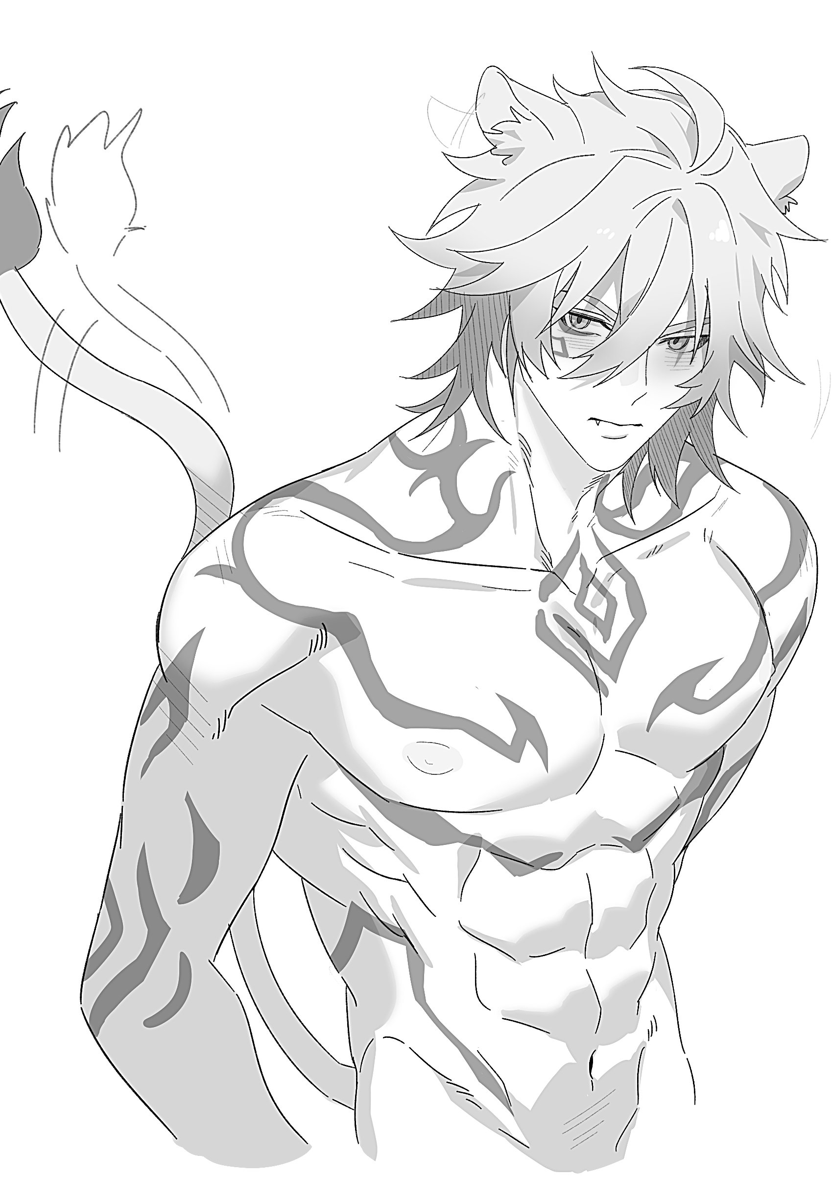 jujeop, mydei (honkai: star rail), honkai: star rail, honkai (series), absurdres, commentary, highres, 1boy, abs, animal ears, arm tattoo, blush, braid, chest tattoo, facial tattoo, greyscale, lion boy, lion ears, lion tail, looking at viewer, male focus, medium hair, monochrome, side braid, simple background, solo, tail, tattoo, toned, toned male, topless male, upper body, white background
