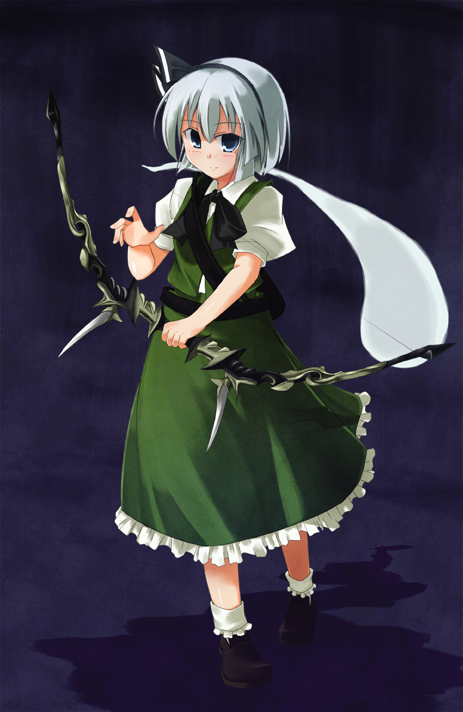 nekomushi, yukimusi, konpaku youmu, konpaku youmu (ghost), touhou, silver hair, highres, 1girl, blue eyes, bow (weapon), female focus, full body, ghost, gradient background, hair ornament, hairband, short hair, skirt, solo, weapon