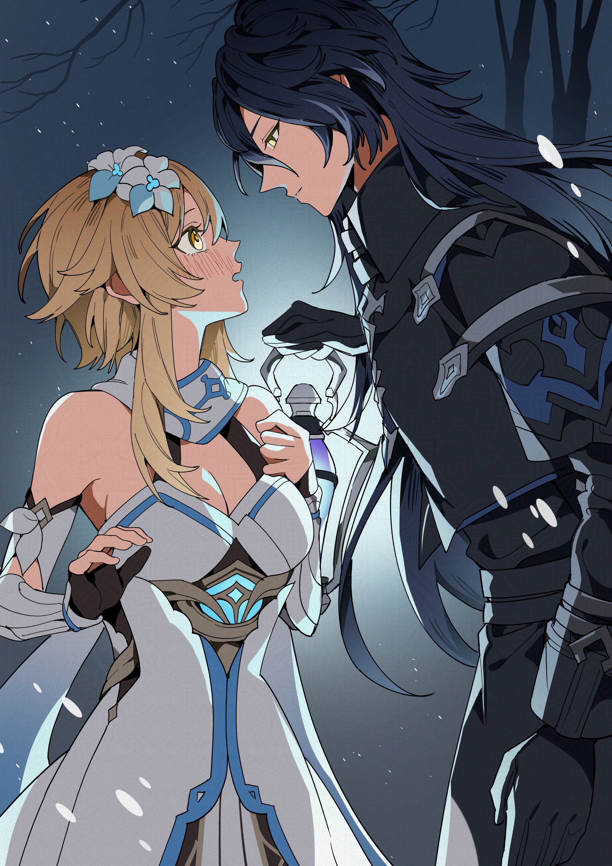 quinny il, flins (genshin impact), lumine (genshin impact), genshin impact, absurdres, highres, 1boy, 1girl, black gloves, black hair, black shirt, blonde hair, blush, breasts, closed mouth, dress, flower, gloves, hair between eyes, hair flower, hair ornament, holding lamp, long hair, open mouth, shirt, short hair with long locks, smile, white dress, yellow eyes