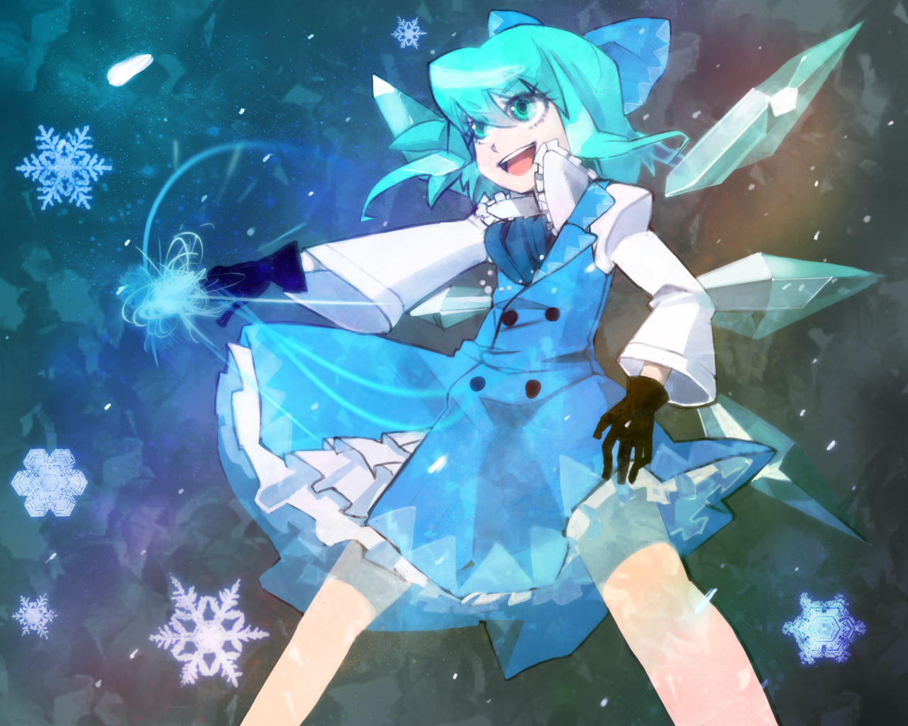 kotetu, tsurusaki yuu, cirno, touhou, bad id, bad pixiv id, 1girl, :d, adapted costume, alternate costume, black gloves, blue bow, blue eyes, blue hair, bow, double-breasted, female focus, frilled shirt collar, frills, gloves, hair bow, ice, ice wings, legs apart, long sleeves, matching hair/eyes, open mouth, short hair, smile, snowflakes, solo, wings