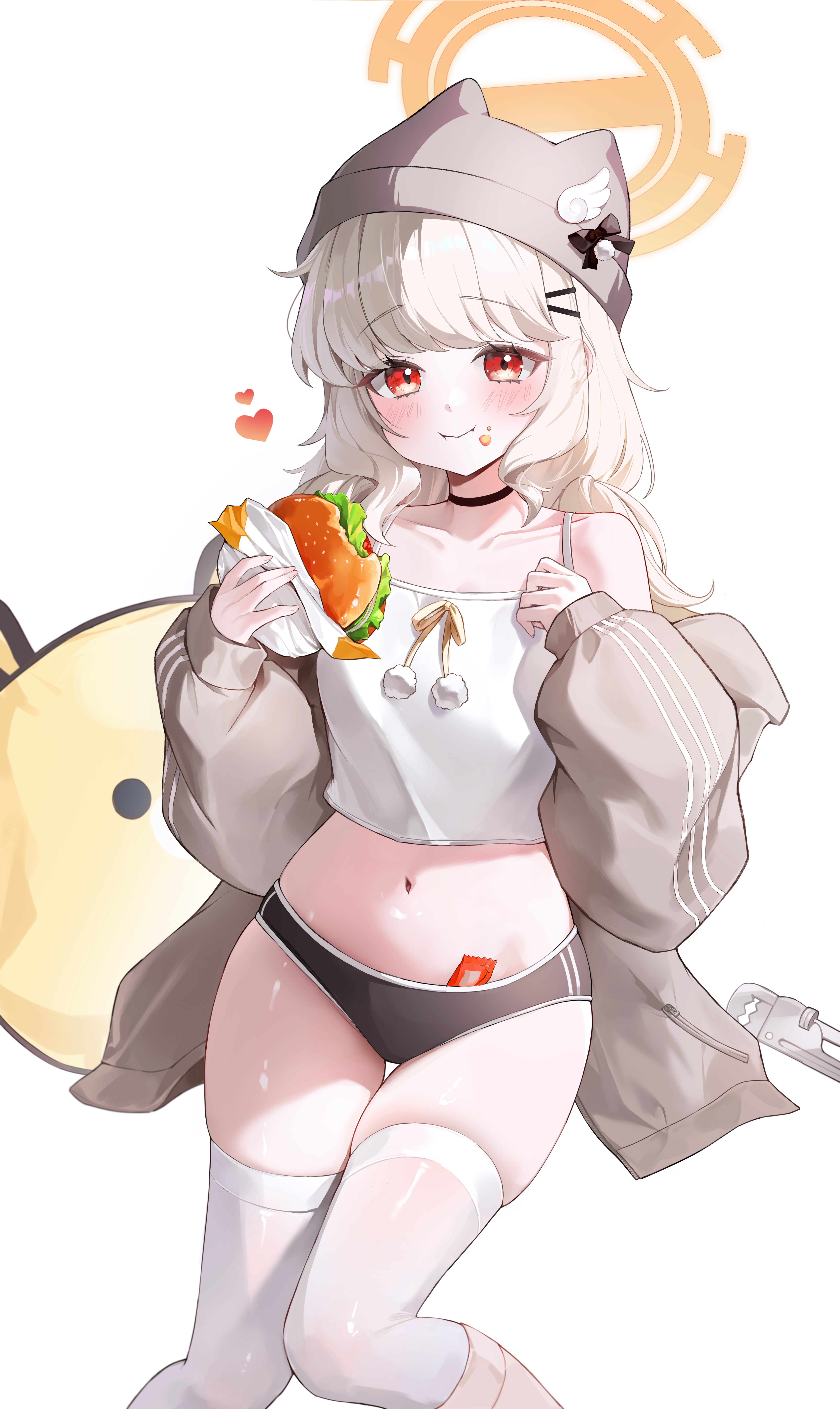 jogabi, aoba (blue archive), blue archive, absurdres, commentary request, highres, 1girl, bare shoulders, beanie, black buruma, blonde hair, blush, burger, buruma, camisole, closed mouth, eating, food, grey hat, grey jacket, hat, holding, holding burger, holding food, jacket, long hair, long sleeves, looking at viewer, midriff, navel, off shoulder, open clothes, open jacket, pom pom (clothes), puffy long sleeves, puffy sleeves, red eyes, sauce packet, simple background, skindentation, solo, thighhighs, white background, white camisole, white thighhighs, wing hat ornament