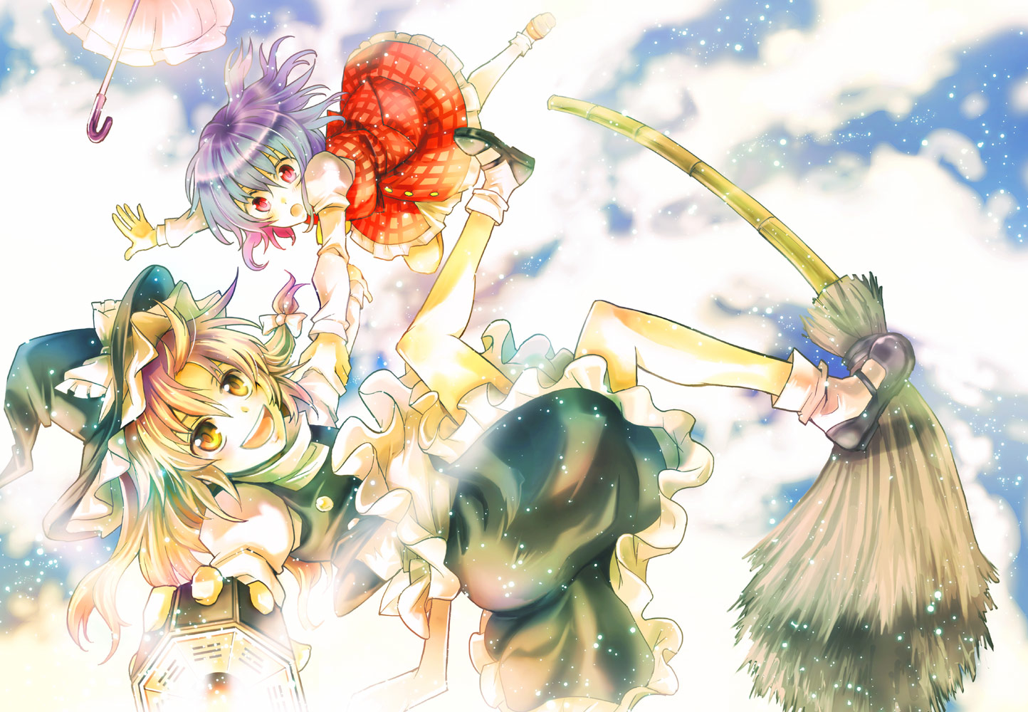 taki tarou, takitarou, kazami yuuka, kirisame marisa, touhou, bad id, bad pixiv id, 2girls, ascot, blonde hair, blue hair, broom, broom riding, female focus, hat, mini-hakkero, multicolored hair, multiple girls, plaid clothes, plaid skirt, plaid vest, red eyes, short hair, skirt, skirt set, umbrella, vest, witch, witch hat, yellow eyes