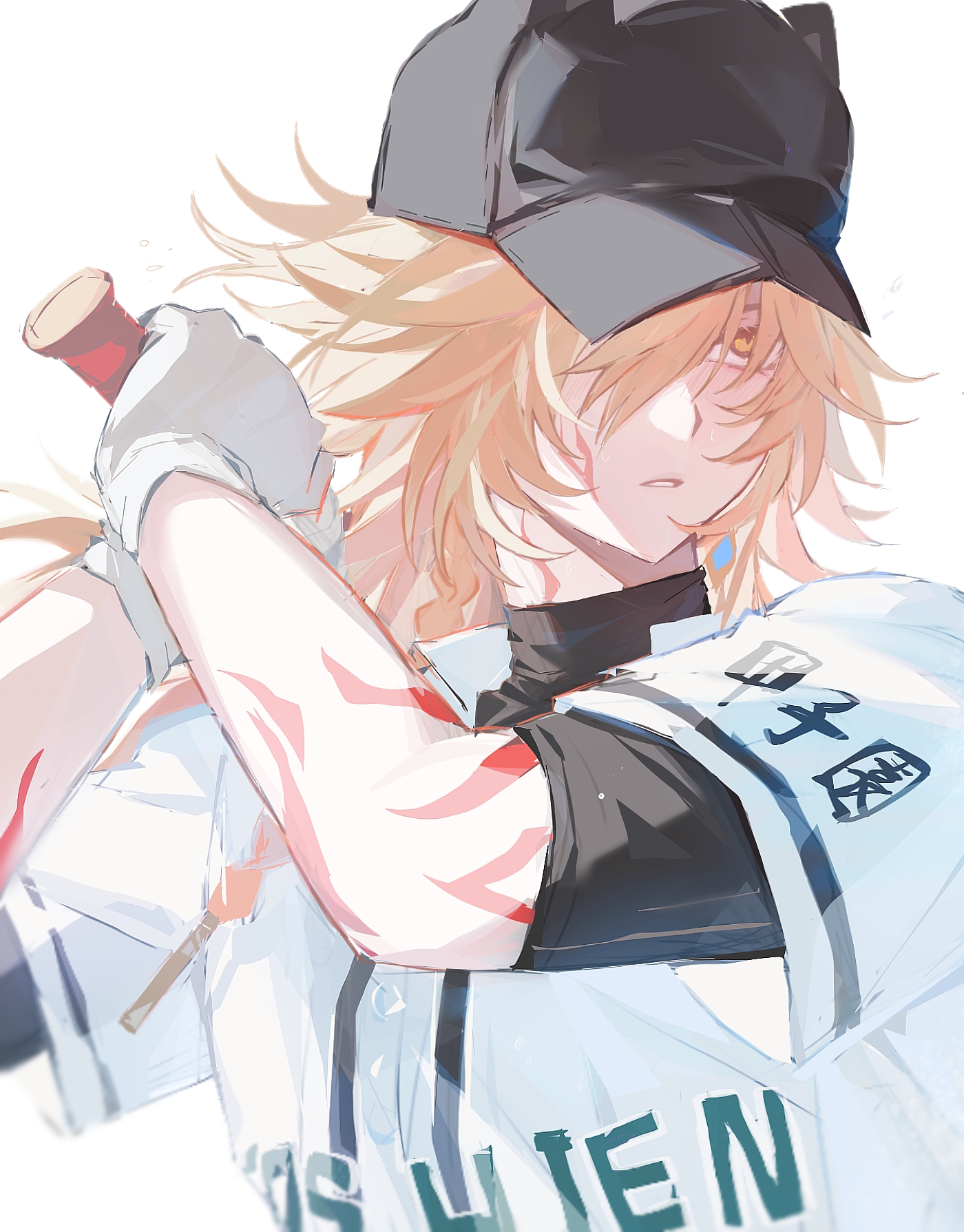 mydei (honkai: star rail), honkai: star rail, honkai (series), highres, 1boy, arm tattoo, baseball bat, baseball cap, baseball uniform, black shirt, blonde hair, braid, facial tattoo, gradient hair, hat, male focus, medium hair, multicolored hair, red hair, red tattoo, shirt, side braid, simple background, solo, sportswear, tattoo, tydjd071, undershirt, white background, white shirt, yellow eyes