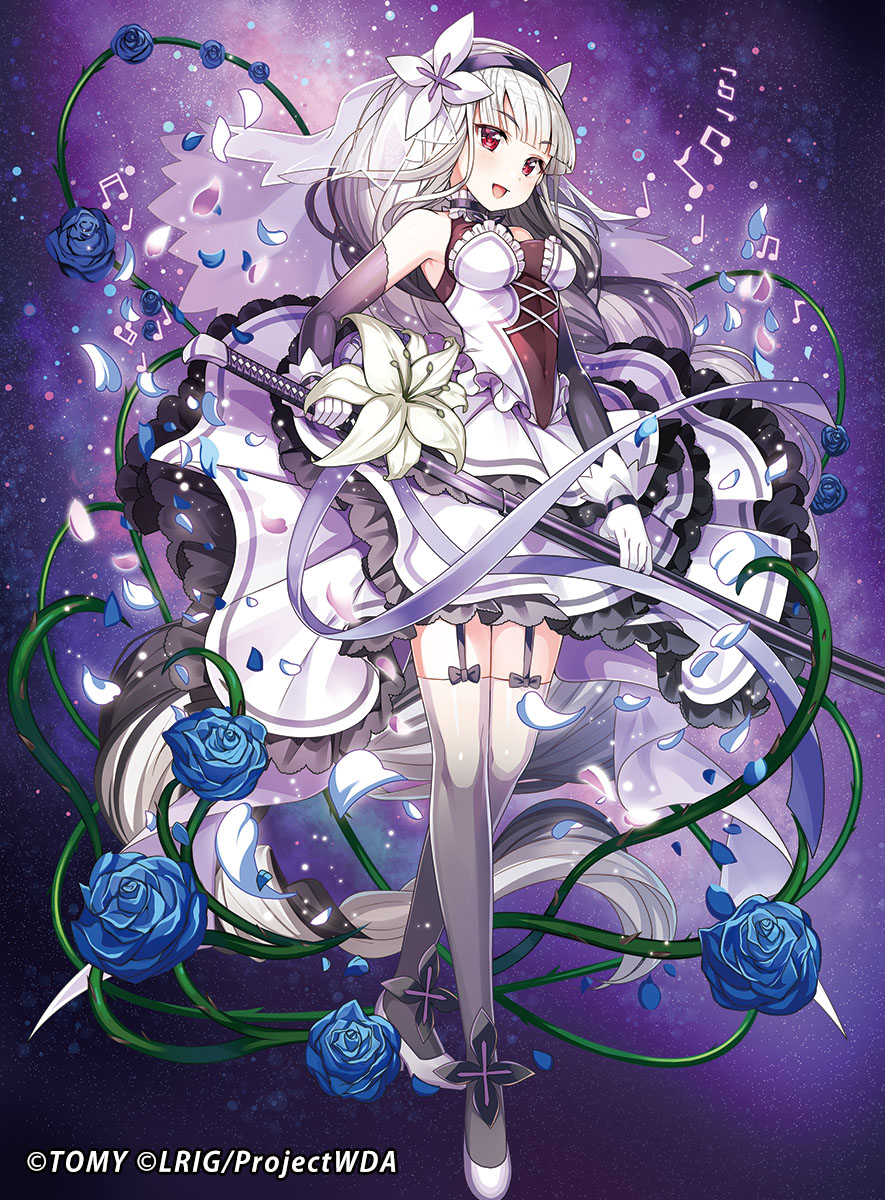 chachie, alfou (wixoss), wixoss, highres, official art, 1girl, bare shoulders, beamed eighth notes, beamed sixteenth notes, black hair, blue flower, blue petals, blue rose, braid, breasts, copyright notice, covered navel, crossed legs, detached sleeves, dress, eighth note, flower, gloves, grey hair, grey thighhighs, hair flower, hair ornament, hairband, holding, holding sword, holding weapon, long hair, multicolored hair, musical note, open mouth, pink petals, purple hairband, quarter note, red eyes, rose, sheath, shoes, single braid, solo, standing, sword, thighhighs, unsheathing, veil, very long hair, weapon, white dress, white gloves, white petals, white shoes