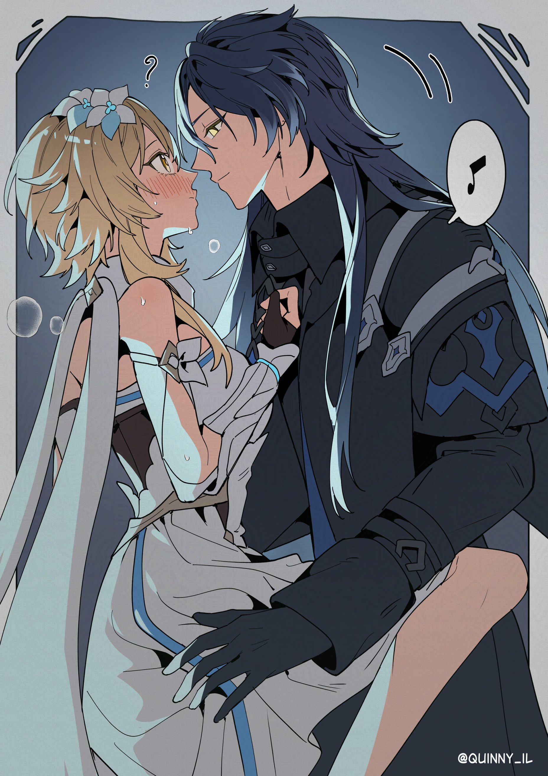 quinny il, flins (genshin impact), lumine (genshin impact), genshin impact, absurdres, highres, 1boy, 1girl, black gloves, black hair, black shirt, blonde hair, blush, closed mouth, dress, fingerless gloves, flower, gloves, hair flower, hair ornament, long hair, long sleeves, shirt, white dress, white sleeves, yellow eyes