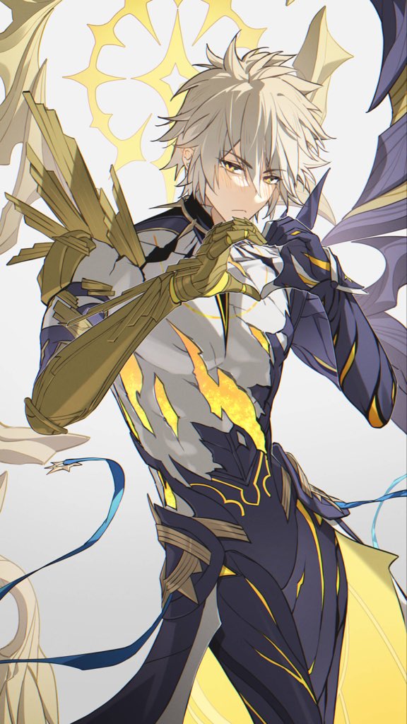 hei lang, phainon (honkai: star rail), phainon (khaslana) (honkai: star rail), honkai: star rail, honkai (series), 1boy, alternate form, asymmetrical wings, black bodysuit, blonde hair, blush, bodysuit, broken skin, closed mouth, collarbone, cowboy shot, gauntlets, hair between eyes, halo, halo behind head, hands up, heart, heart hands, looking at viewer, male focus, official alternate costume, official alternate eye color, official alternate hair color, pale skin, short hair, shoulder spikes, simple background, single gauntlet, solo, spikes, standing, white background, wings, yellow eyes, yellow halo