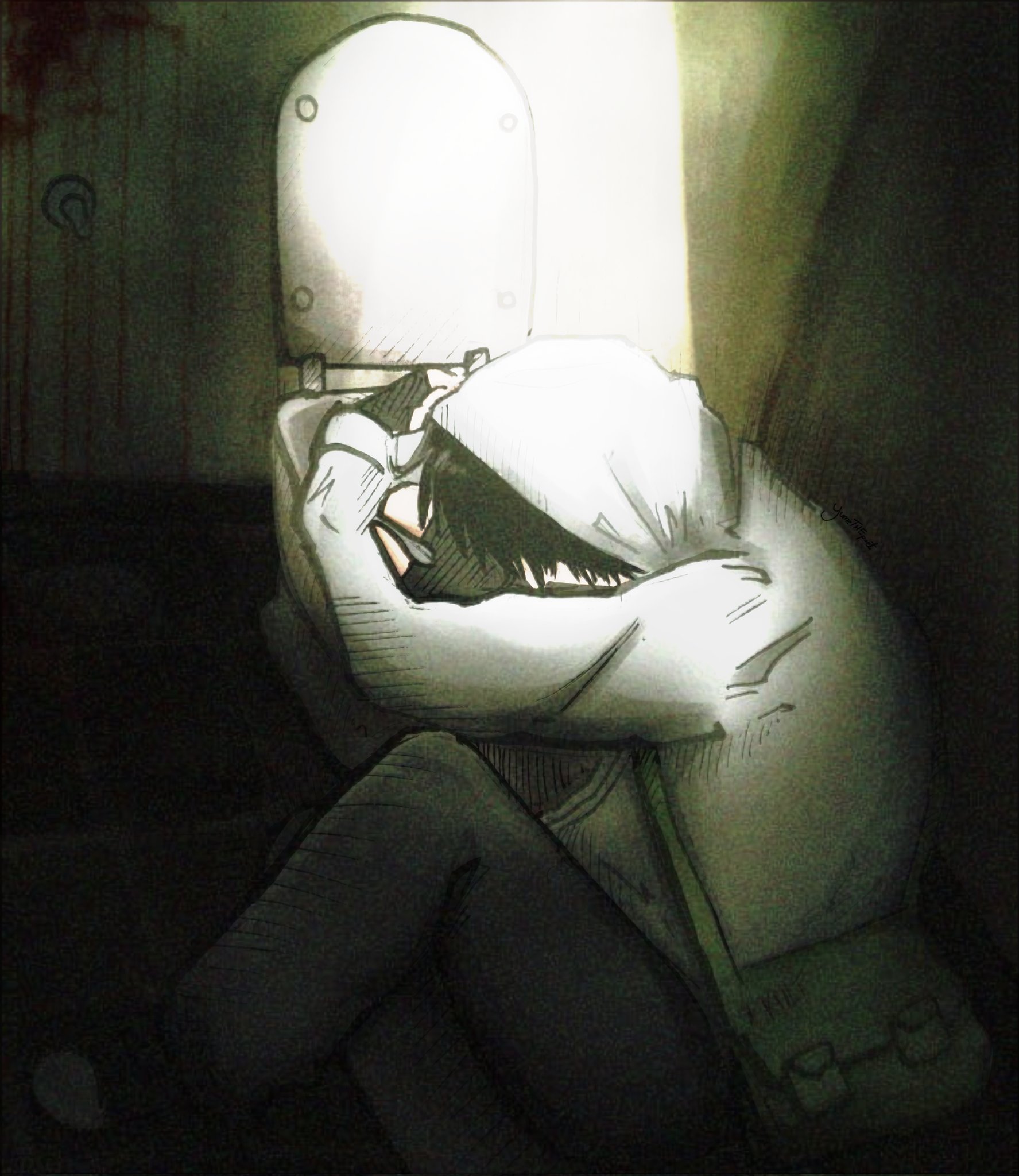 simon henriksson, cry of fear, highres, 1boy, bag, bathroom, black gloves, black hair, blood, blood stain, crack of light, curled up, elbow rest, fingerless gloves, gloves, grey hoodie, hood, hood up, hoodie, knee up, limited palette, male focus, short hair, shoulder bag, solo, toilet, yumethepoet