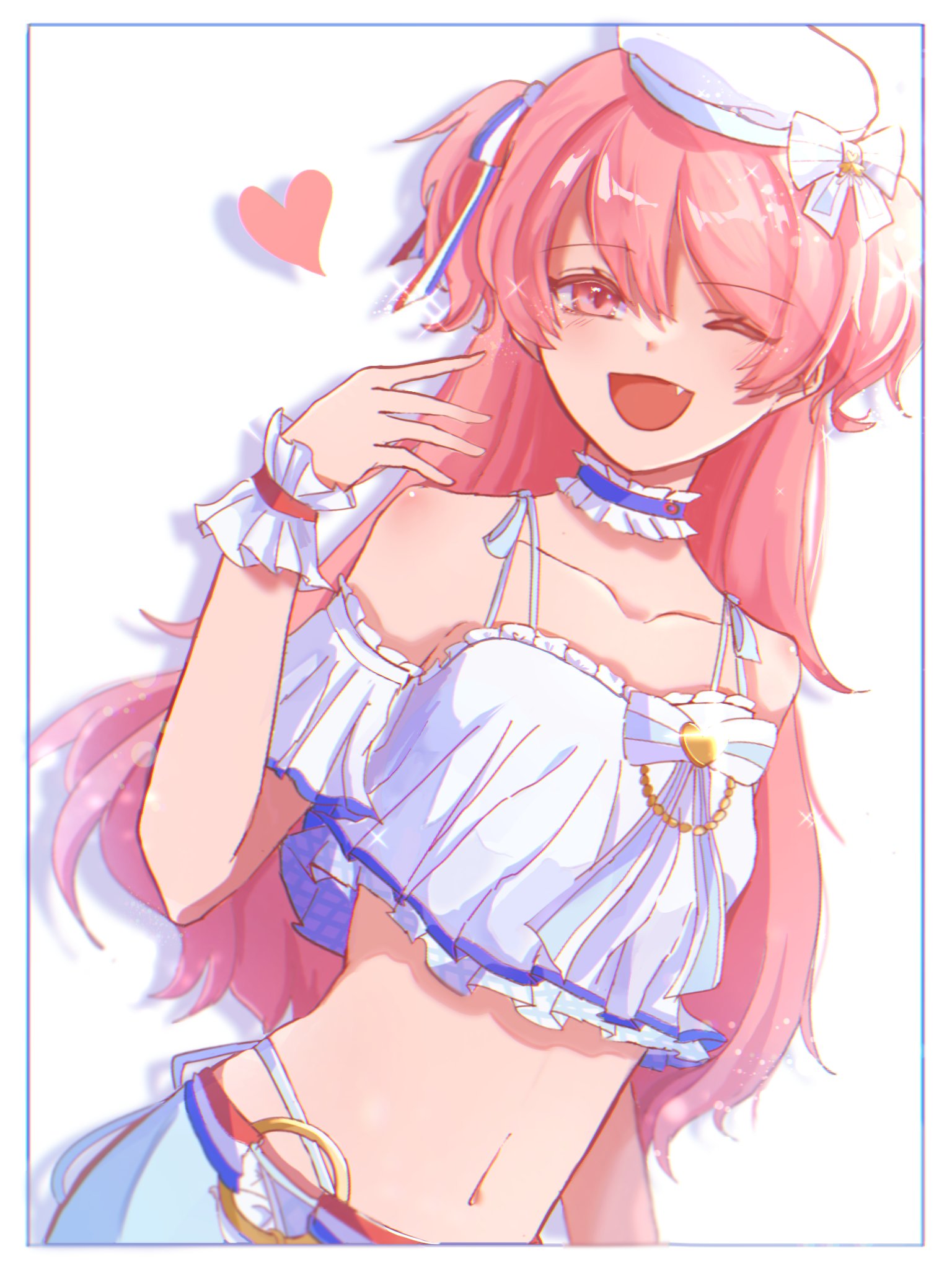 momoi airi, project sekai, highres, 05tt9h5inwibp, 1girl, ;d, bow, choker, collarbone, crop top, fang, frilled shirt, frills, hat, heart, long hair, looking at viewer, midriff, navel, one eye closed, open mouth, pink eyes, pink hair, shirt, smile, solo, two side up, white background, wrist cuffs