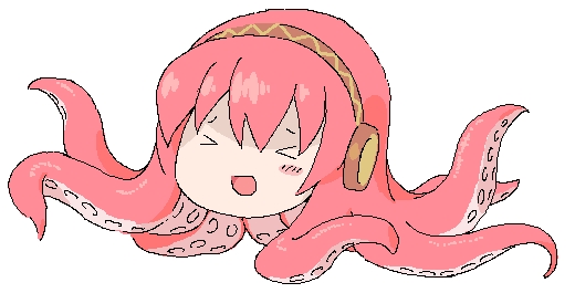 megurine luka, takoluka, vocaloid, > <, blush, closed eyes, full body, headphones, no humans, pink hair, simple background, tentacle hair, tentacles, white background