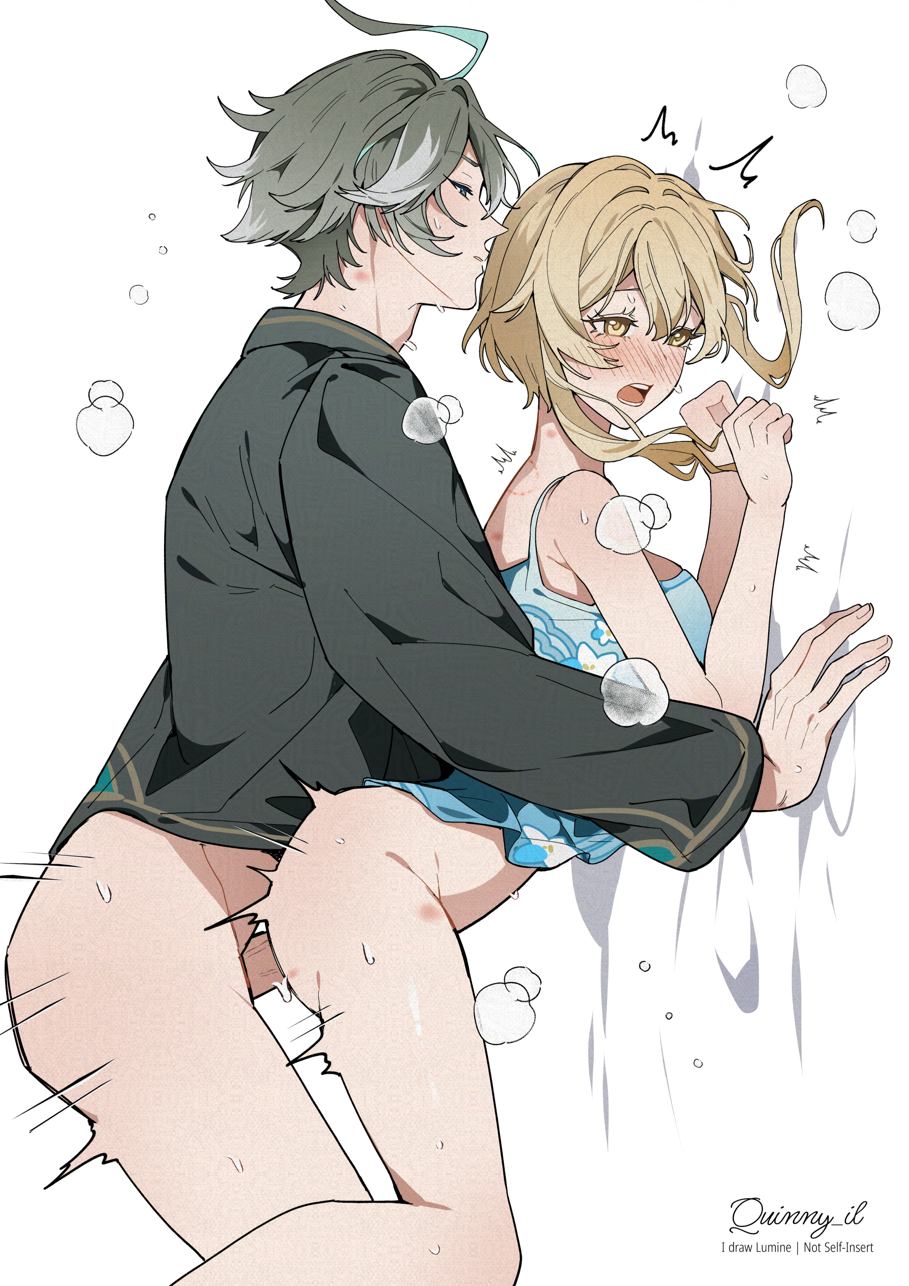 quinny il, alhaitham (genshin impact), lumine (genshin impact), genshin impact, absurdres, highres, 1boy, 1girl, black shirt, blonde hair, blue tank top, blush, breasts, grey hair, long hair, multicolored hair, open mouth, sex, sex from behind, shirt, short hair, streaked hair, tank top, vaginal, white hair, yellow eyes