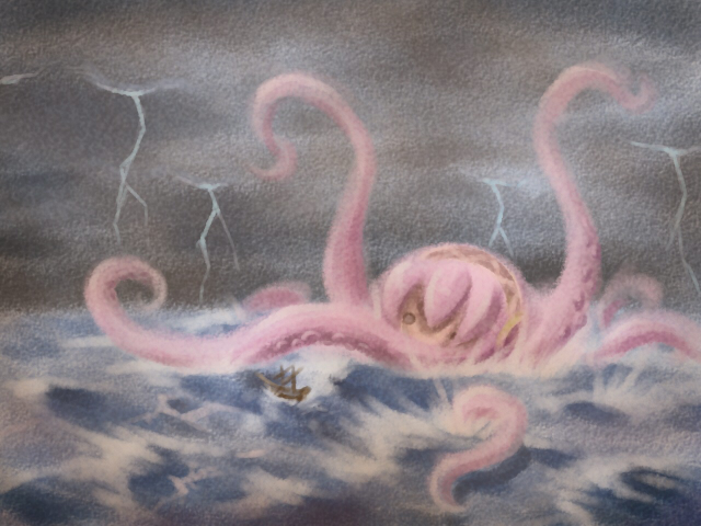 kanda satoshi, karanta, megurine luka, takoluka, vocaloid, no humans, ocean, parody, ship, storm, watercraft