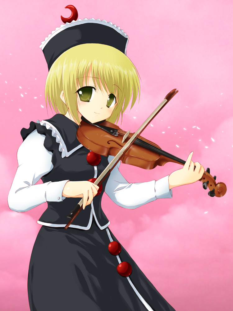marugoshi (54burger), lunasa prismriver, touhou, bad id, bad pixiv id, 1girl, blonde hair, bow (music), female focus, hat, instrument, solo, standing, violin, yellow eyes