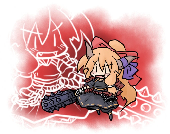 yanagi (nurikoboshi), ibuki suika, touhou, 1girl, chibi, club (weapon), fang, female focus, full body, hair ribbon, horns, kanabou, orange hair, ribbon, solo, standing, weapon, zoom layer