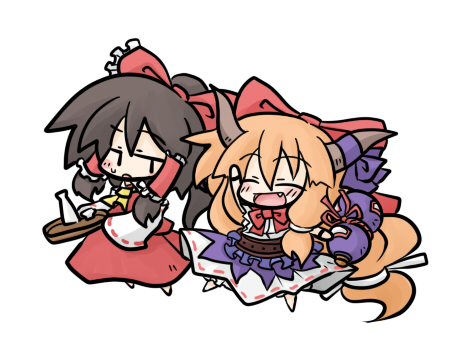 yanagi (nurikoboshi), hakurei reimu, ibuki suika, touhou, lowres, md5 mismatch, resolution mismatch, source smaller, 2girls, black hair, chibi, fang, female focus, hair ribbon, horns, multiple girls, orange hair, ribbon