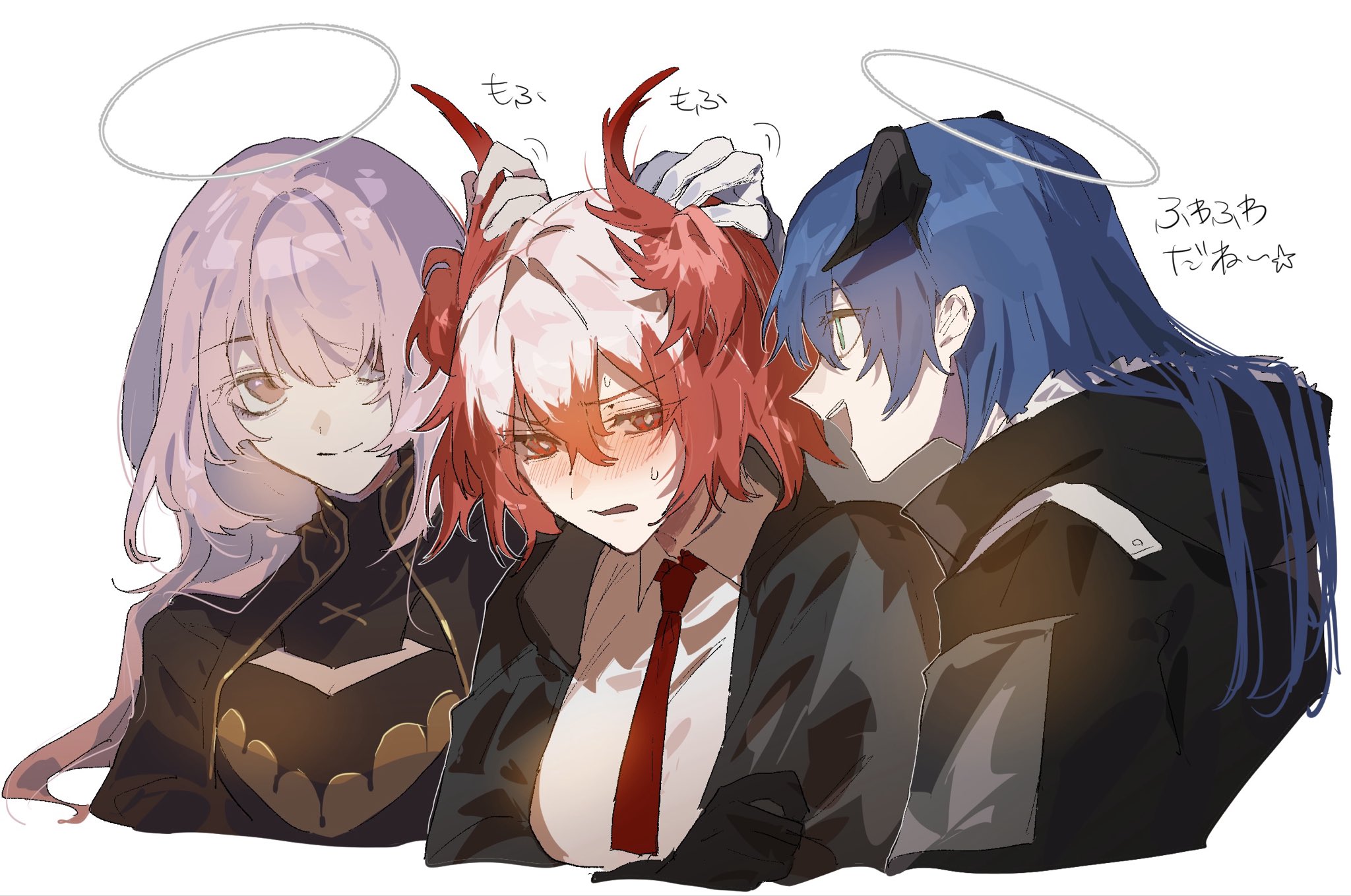 fuuga (perv rsity), fiammetta (arknights), lemuen (arknights), mostima (arknights), arknights, commentary request, highres, translation request, 3girls, black jacket, blue hair, blush, cloud, hair between eyes, halo, head wings, horns, jacket, long hair, multiple girls, necktie, open mouth, pink eyes, pink hair, red hair, red necktie, rubbing, rubbing head, shirt, simple background, sweat, teeth, upper body, upper teeth only, white background, white shirt, wings, yuri