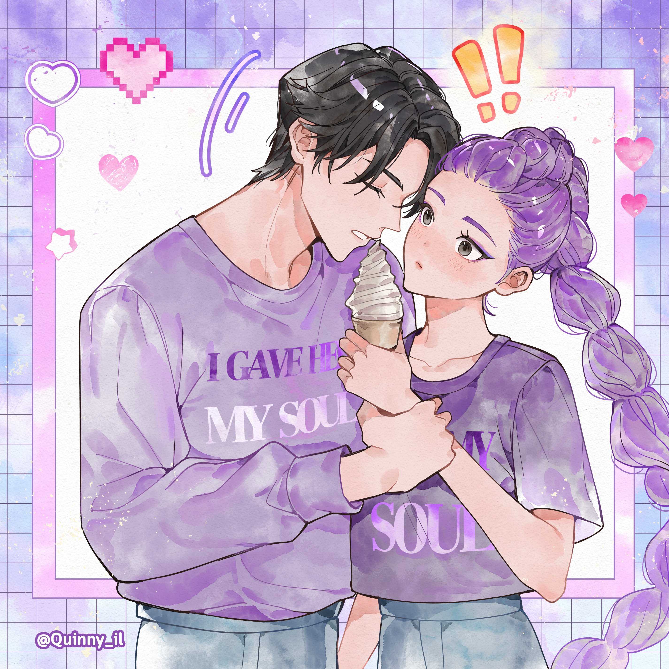 quinny il, jinu (kpop demon hunters), rumi (kpop demon hunters), kpop demon hunters, absurdres, highres, !, !!, 1boy, 1girl, artist name, black hair, blush, braid, closed eyes, food, forehead, grey eyes, grey pants, heart, holding, holding ice cream cone, ice cream, ice cream cone, long hair, long sleeves, pants, purple hair, purple shirt, shirt, short hair, simple background, twitter username