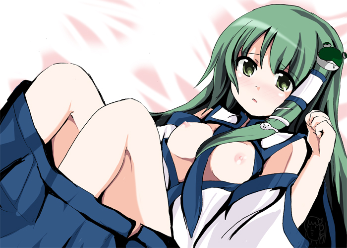 fa no hito, kochiya sanae, touhou, bad id, bad pixiv id, 1girl, breasts, clothes pull, female focus, green eyes, green hair, matching hair/eyes, nipples, open clothes, open shirt, shirt, skirt, skirt pull, solo, white background
