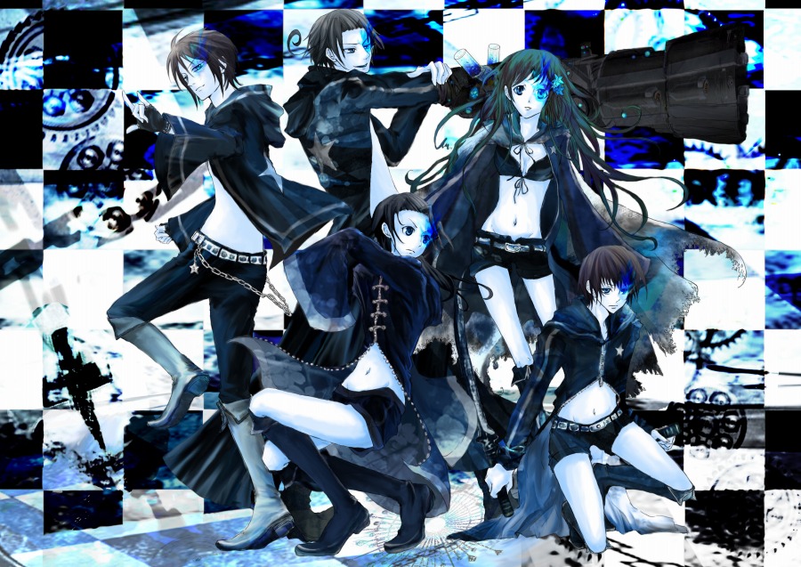 magarikaji, black rock shooter (character), china (hetalia), hong kong (hetalia), japan (hetalia), korea (hetalia), taiwan (hetalia), axis powers hetalia, black rock shooter, 1girl, 4boys, bikini, bikini top only, black rock shooter (cosplay), checkered floor, cosplay, katana, midriff, multiple boys, parody, shorts, swimsuit, sword, weapon
