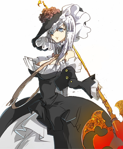 mura kuroe, virgilia (umineko), umineko no naku koro ni, bad id, bad pixiv id, lowres, 00s, 1girl, black hat, female focus, hat, simple background, smothered mate, solo, white background, white hair