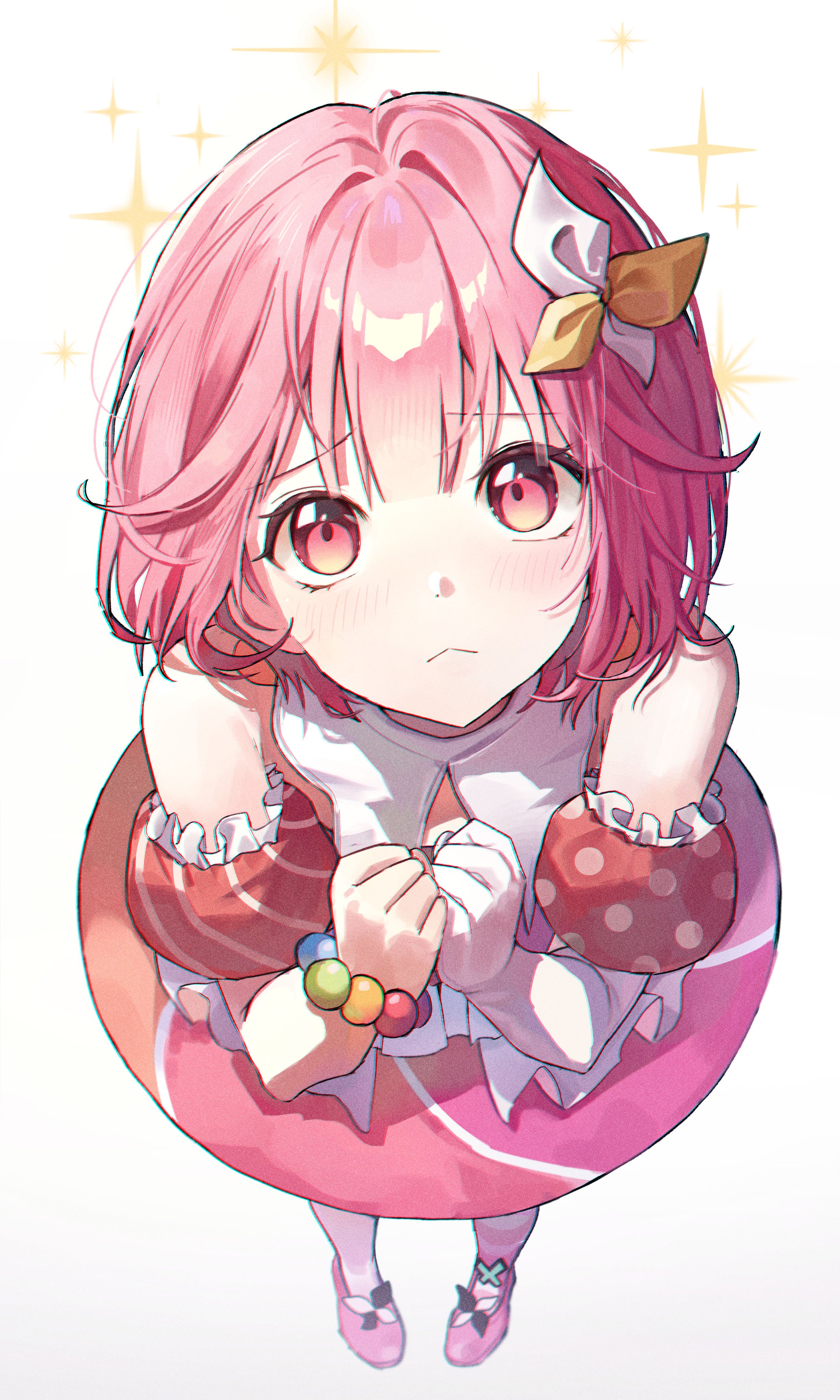 hhiiiiiik, ootori emu, project sekai, absurdres, highres, 1girl, bare shoulders, bead bracelet, beads, blush, bow, bracelet, closed mouth, detached sleeves, dress, from above, full body, gradient background, hair bow, hands up, jewelry, looking at viewer, looking up, pink eyes, pink hair, polka dot, puffy short sleeves, puffy sleeves, shoes, short hair, short sleeves, simple background, solo, sparkle, standing, white background