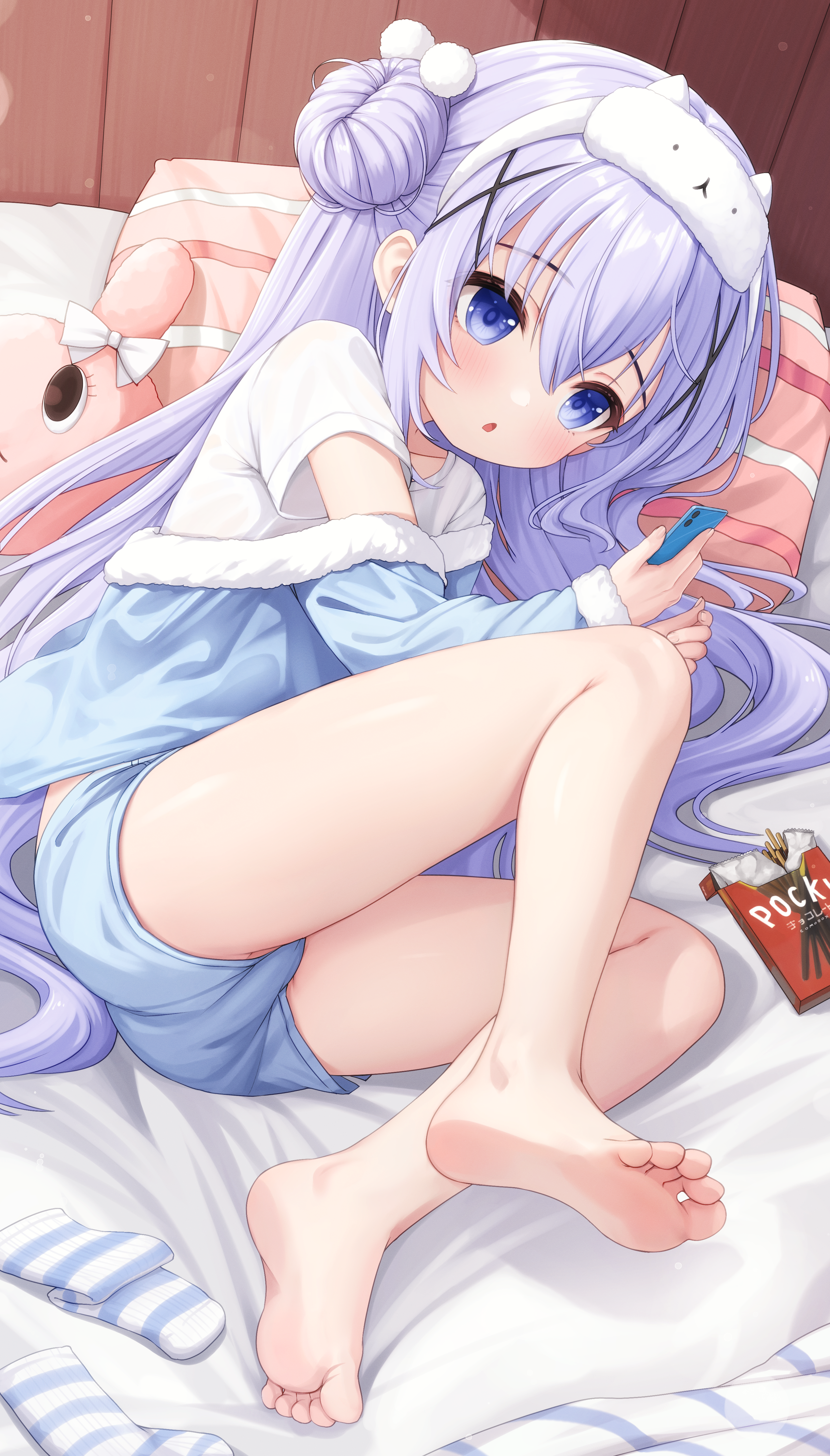 comodox, kafuu chino, gochuumon wa usagi desu ka?, absurdres, commentary, english commentary, highres, large variant set, variant set, 1girl, barefoot, blue eyes, blue hair, blue shorts, feet, hair bun, hair ornament, jacket, long hair, lying, on side, shirt, shorts, socks, soles, solo, striped clothes, striped socks, toes, unworn socks, very long hair, white shirt, x hair ornament