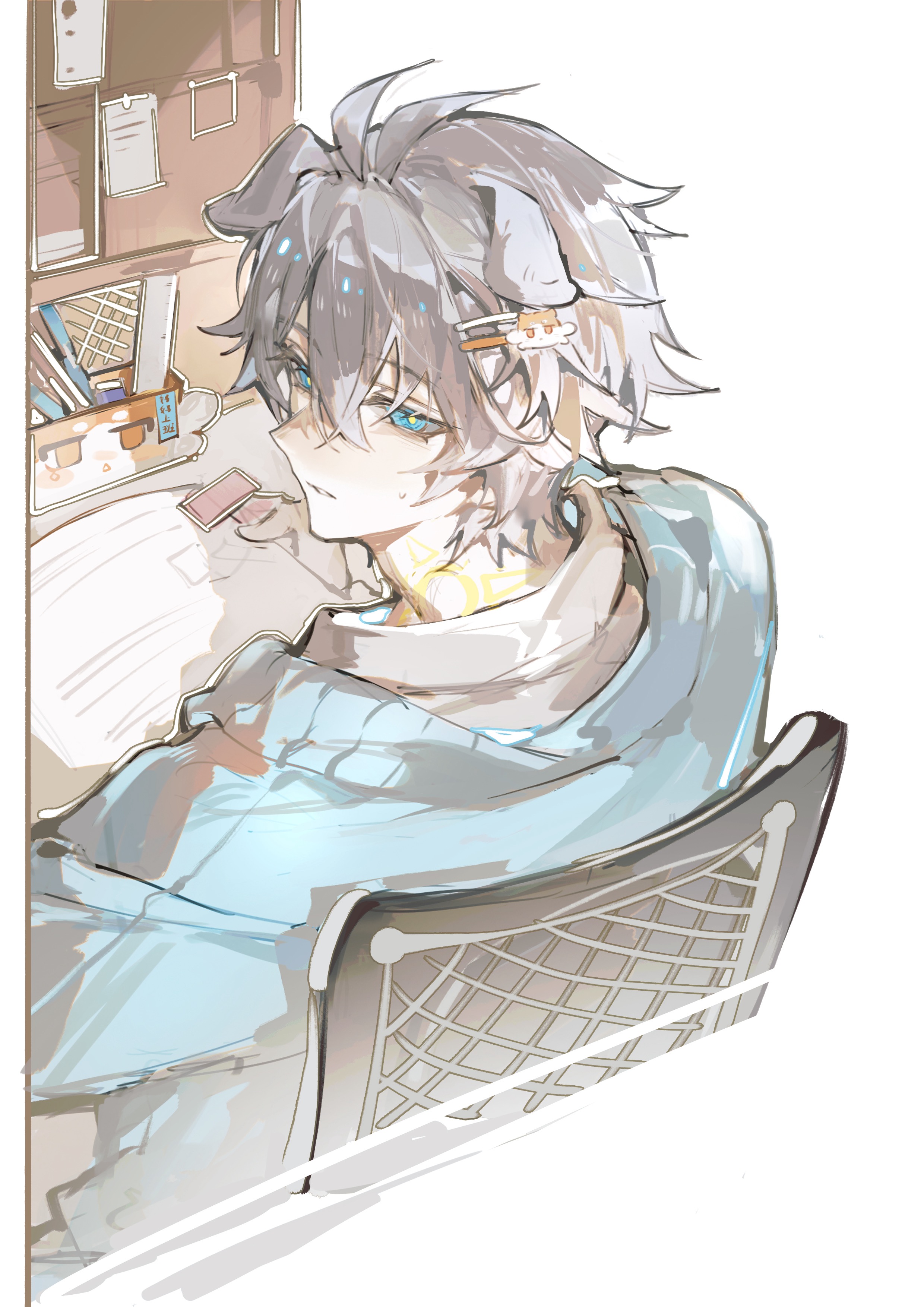 iron hailai, mydei (fig stew) (honkai: star rail), mydei (honkai: star rail), phainon (honkai: star rail), honkai: star rail, honkai (series), absurdres, chinese commentary, commentary request, highres, 1boy, animal ears, antenna hair, blue eyes, blue jacket, collared shirt, dog boy, dog ears, hair ornament, hairpin, jacket, male focus, shirt, short hair, sitting, solo, white hair, white shirt
