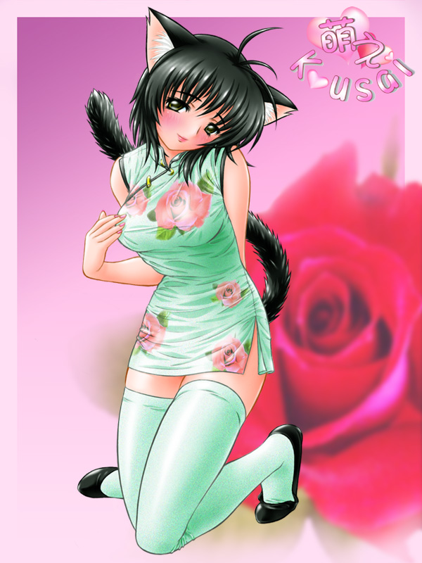 animal ears, blush, china dress, chinese clothes, dress, smile, tail