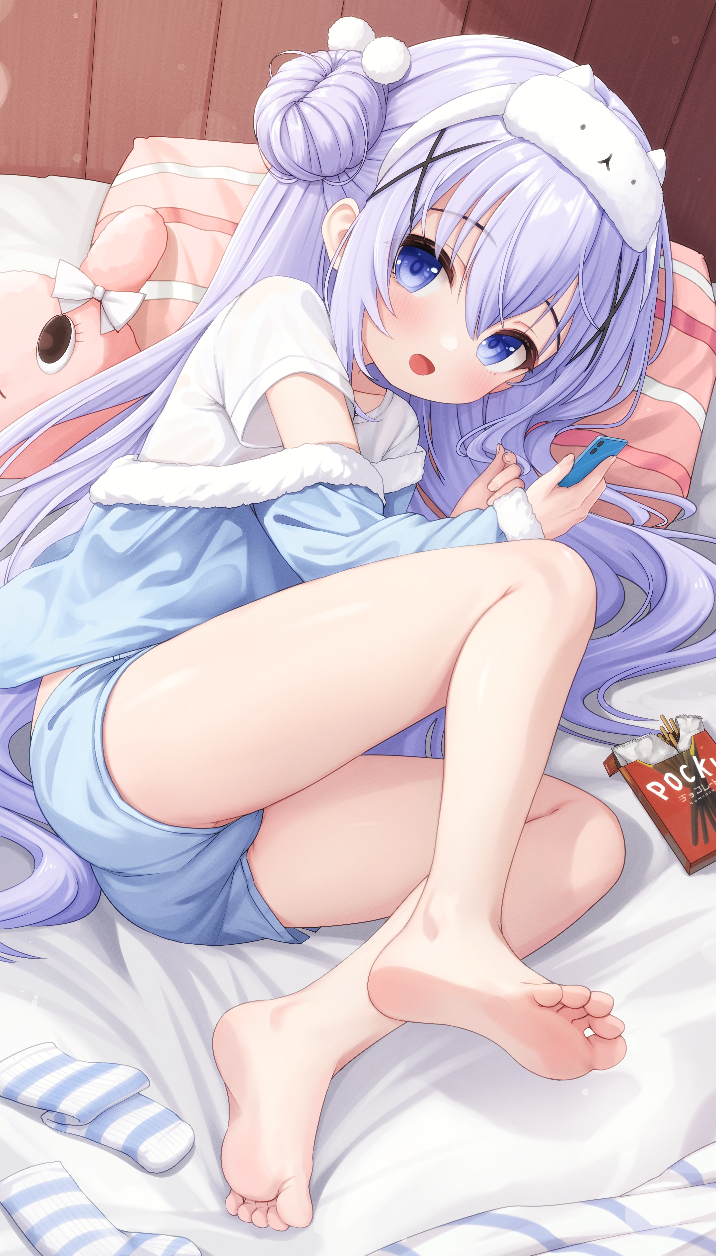 comodox, kafuu chino, gochuumon wa usagi desu ka?, absurdres, commentary, english commentary, highres, large variant set, variant set, 1girl, barefoot, blue eyes, blue hair, blue shorts, feet, hair bun, hair ornament, jacket, long hair, looking at viewer, lying, on side, shirt, shorts, smile, socks, soles, solo, striped clothes, striped socks, toes, unworn socks, white shirt, x hair ornament