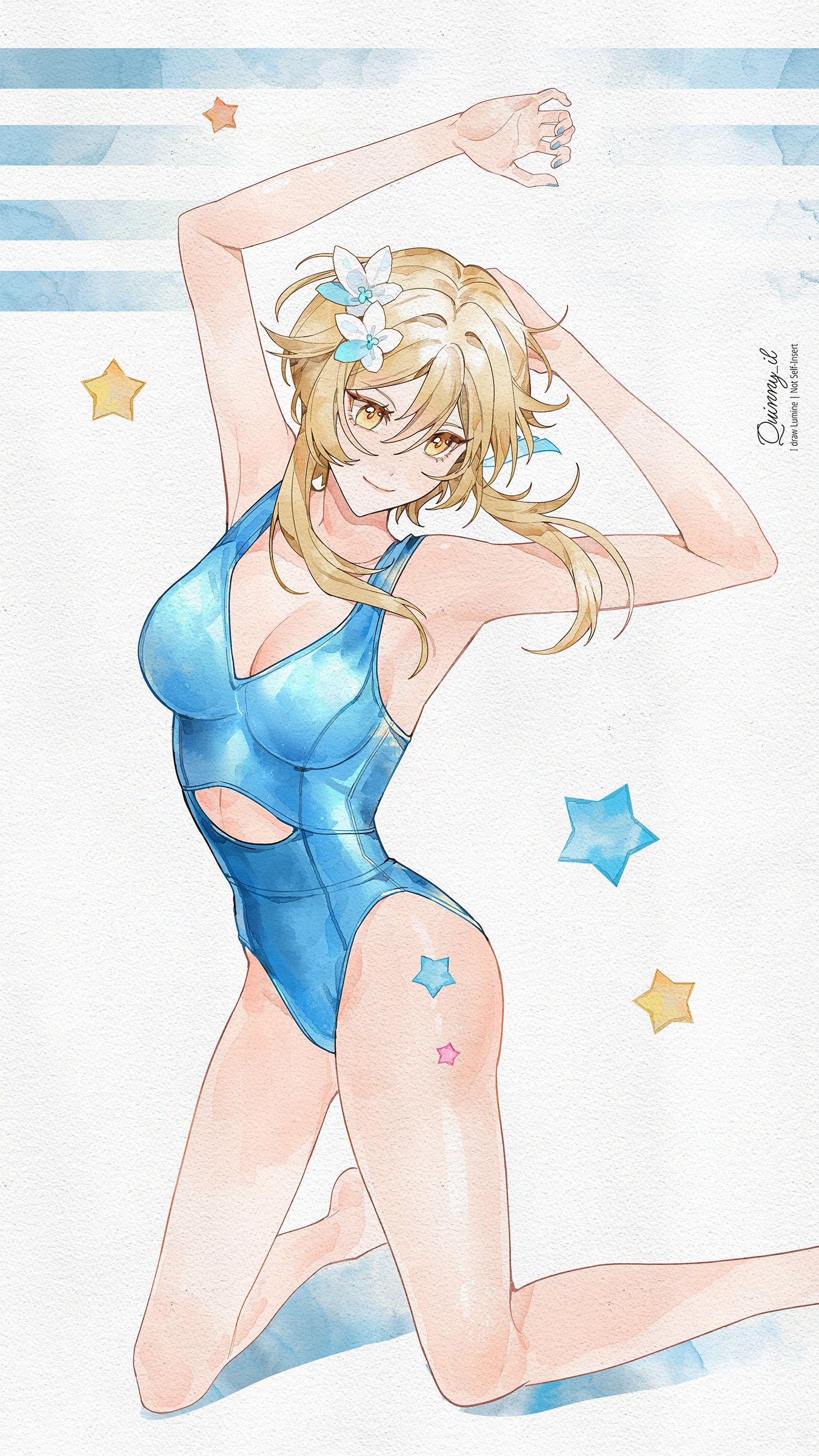 quinny il, lumine (genshin impact), genshin impact, absurdres, highres, 1girl, arms up, blonde hair, blue one-piece swimsuit, closed mouth, clothing cutout, flower, hair between eyes, hair flower, hair ornament, one-piece swimsuit, smile, solo, star (symbol), swimsuit, yellow eyes
