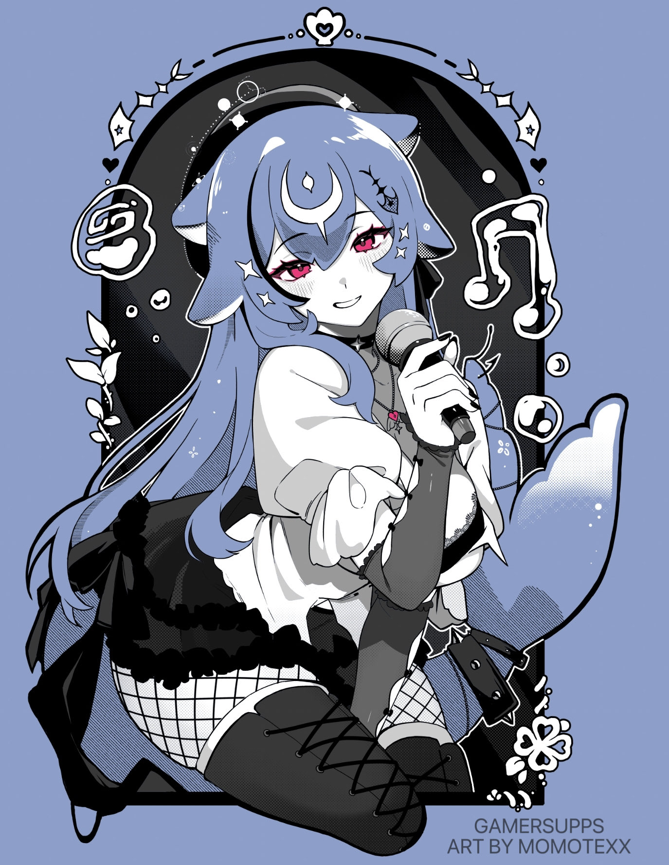 momote, bao (vtuber), gamer supps, indie virtual youtuber, highres, official art, 1girl, artist name, bao (vtuber) (rock star), black bra, black skirt, blue hair, boots, bra, cetacean tail, copyright name, fins, fish tail, fishnet pantyhose, fishnets, frilled skirt, frills, holding, holding microphone, limited palette, long hair, looking at viewer, microphone, musical note, pantyhose, red eyes, skirt, tail, underwear, virtual youtuber, whale girl