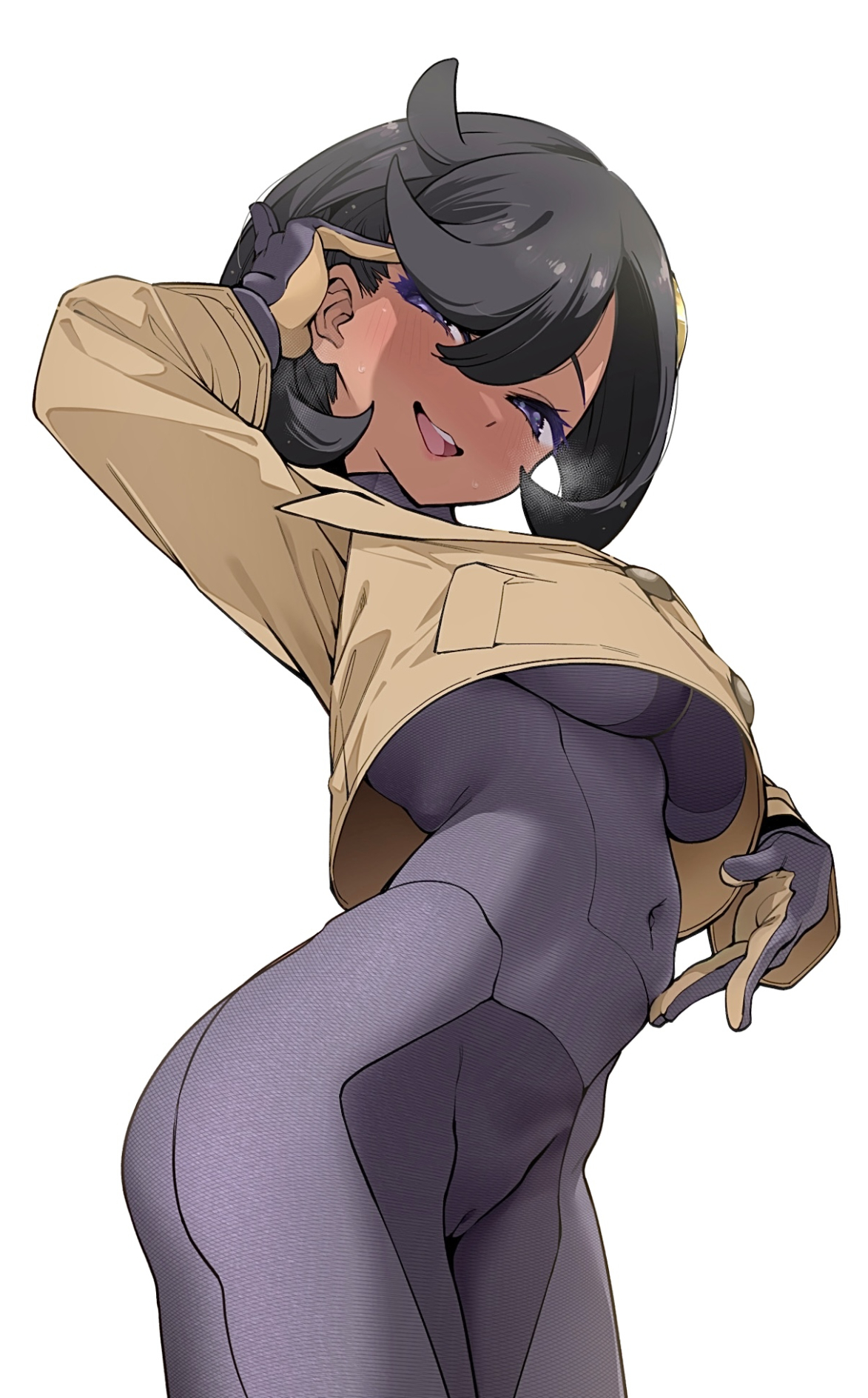 hayashi (l8poushou), emma (pokemon), nintendo, pokemon, pokemon legends: z-a, commentary request, highres, 1girl, black hair, bodysuit, breasts, brown coat, brown gloves, coat, covered navel, gloves, long sleeves, looking at viewer, medium breasts, open mouth, purple bodysuit, purple eyes, purple gloves, short hair, simple background, smile, solo, standing, teeth, two-tone gloves, upper teeth only, white background
