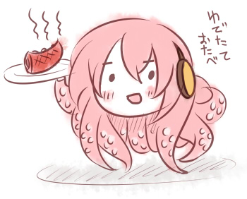 megurine luka, takoluka, vocaloid, lowres, :d, blush, cannibalism, full body, headphones, holding, holding plate, looking at viewer, no humans, open mouth, plate, simple background, smile, solid circle eyes, tentacle hair, white background