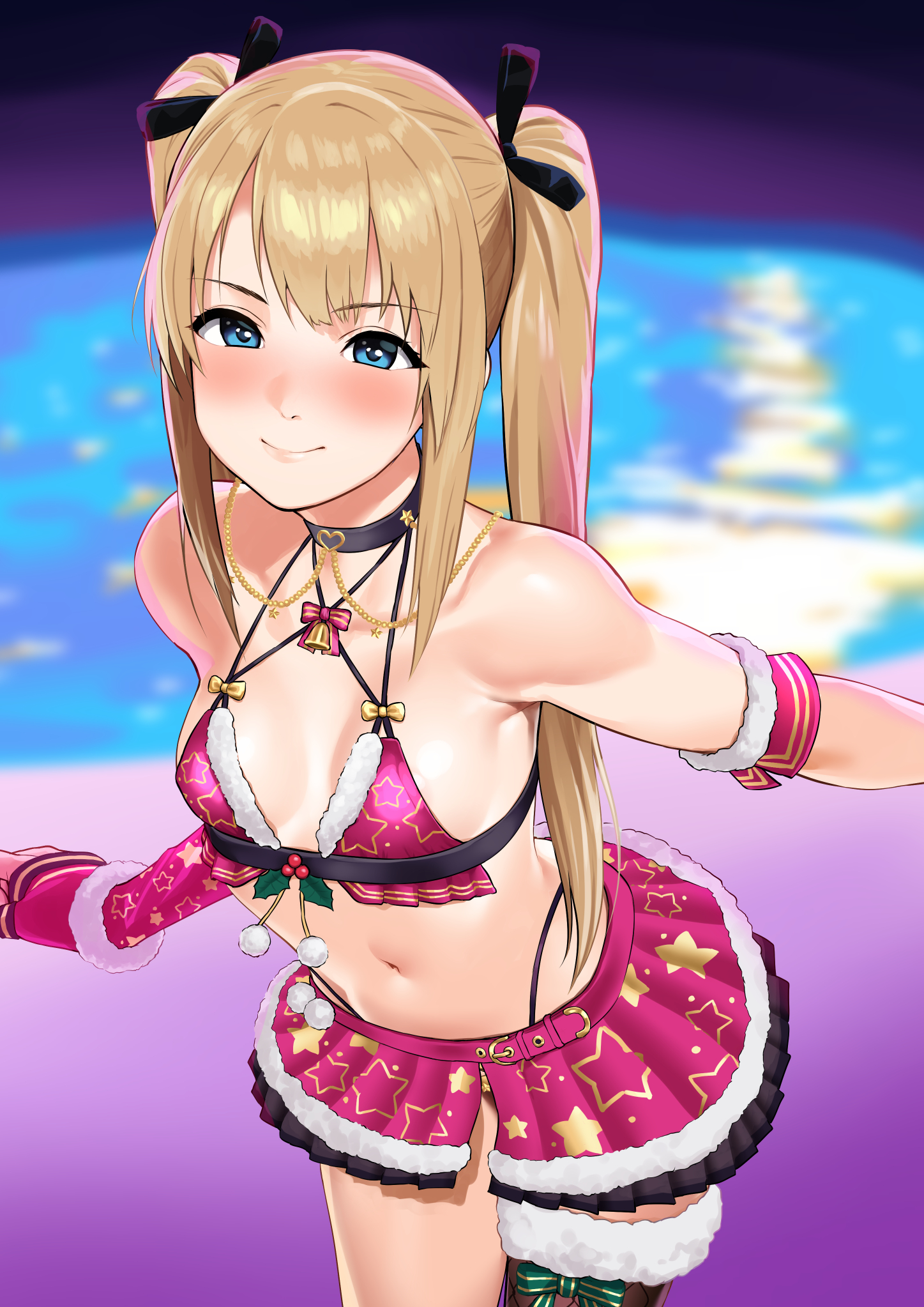 hadacra, marie rose, dead or alive, highres, 1girl, bikini, bikini skirt, blonde hair, blue eyes, blush, breasts, fur-trimmed bikini, fur trim, long hair, looking at viewer, navel, pool, small breasts, smile, solo, star (symbol), star print, swimsuit, twintails