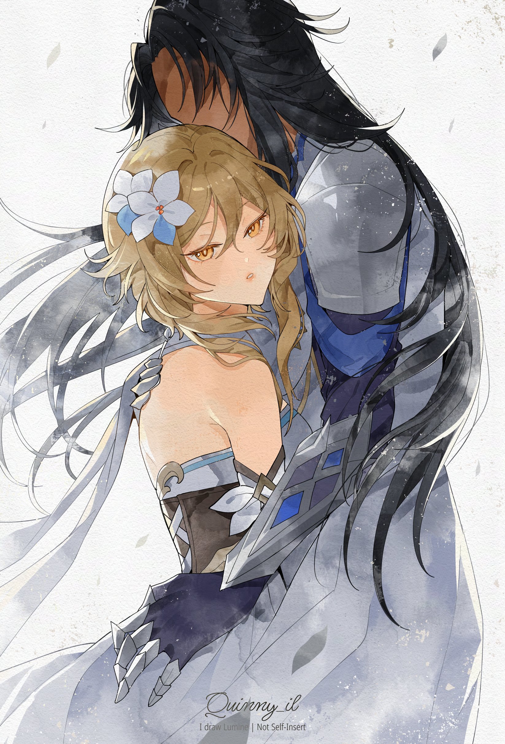 quinny il, capitano (genshin impact), lumine (genshin impact), genshin impact, absurdres, highres, 1girl, bare shoulders, black gloves, black hair, blonde hair, breasts, coat, dark-skinned male, dark skin, dress, fingerless gloves, flower, gloves, grey coat, hair between eyes, hair flower, hair ornament, long hair, short hair with long locks, white dress, yellow eyes
