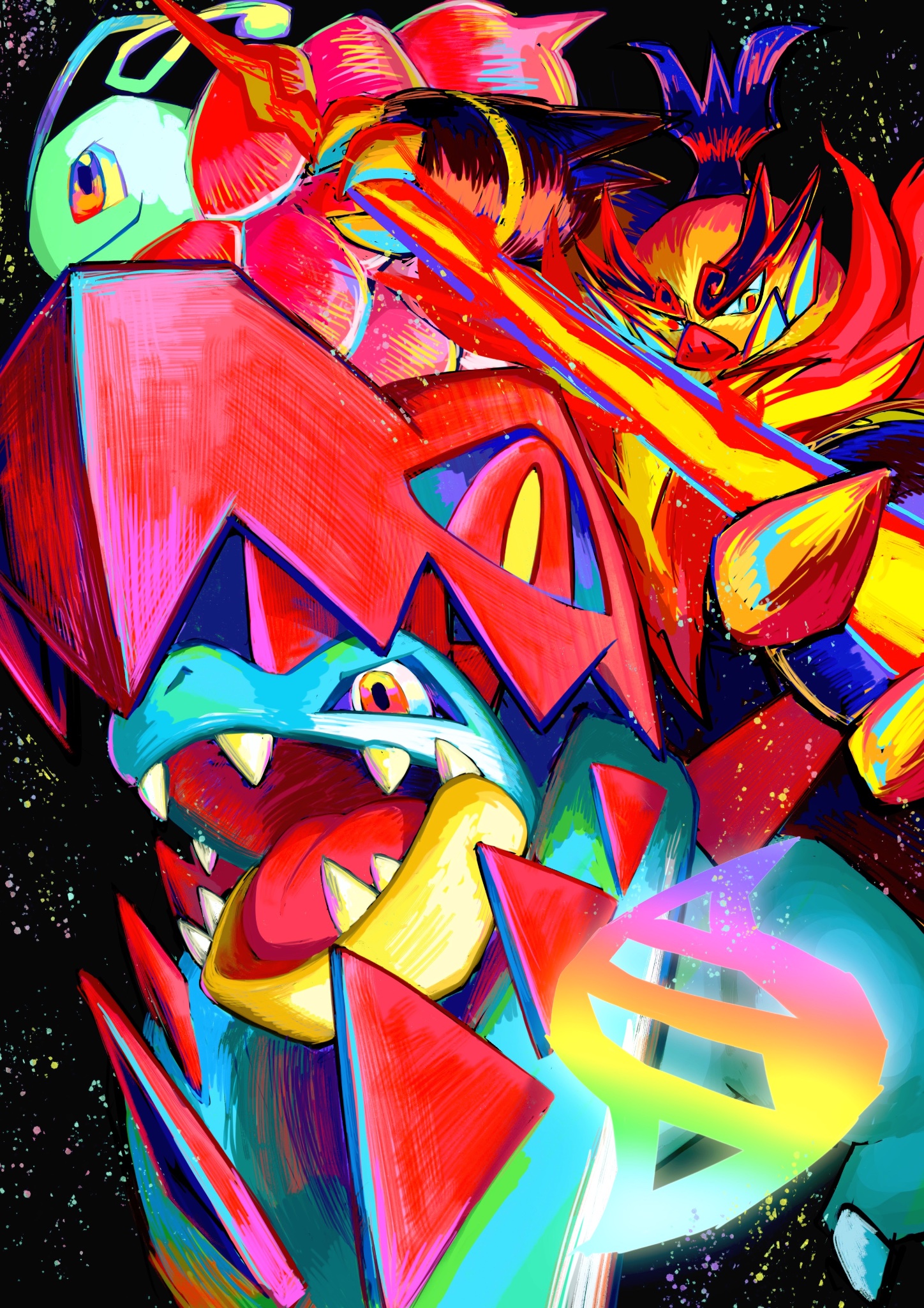ezgk385, emboar, feraligatr, mega emboar, mega feraligatr, mega meganium, meganium, nintendo, pokemon, pokemon legends: z-a, highres, 3others, black background, blue skin, claws, colored skin, fangs, fire, flower, gen 2 pokemon, gen 5 pokemon, green skin, jaw, mega evolution symbol, multiple others, no humans, open mouth, pokemon (creature), pokemon focus, red eyes, red skin, simple background, starter pokemon trio