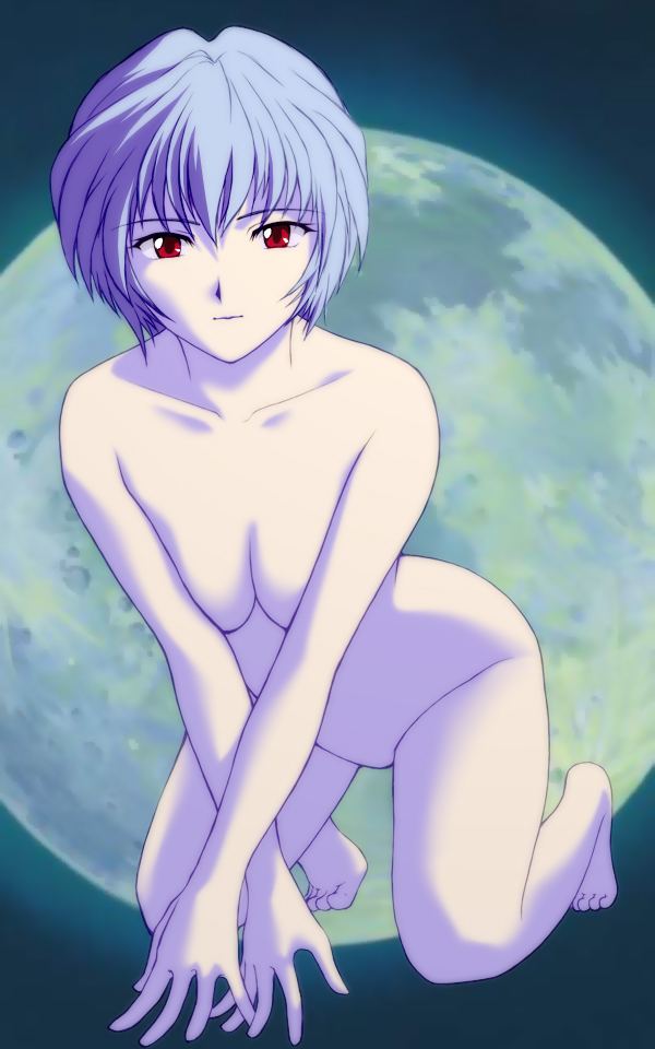 acid head, ayanami rei, neon genesis evangelion, barefoot, blue hair, breasts, censored, completely nude, convenient censoring, moon, nude, red eyes, short hair, solo