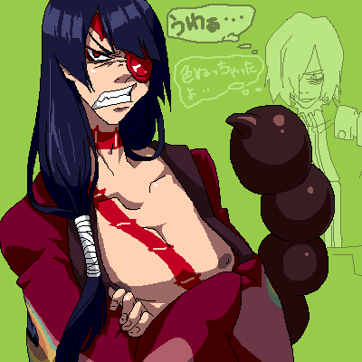 adiane, viral (ttgl), tengen toppa gurren lagann, gender request, lowres, translation request, 00s, 1boy, 1girl, angry, blue hair, clenched teeth, crossed arms, eyepatch, genderswap, green background, oekaki, ponytail, robe, scorpion tail, simple background, tail, tattoo, teeth