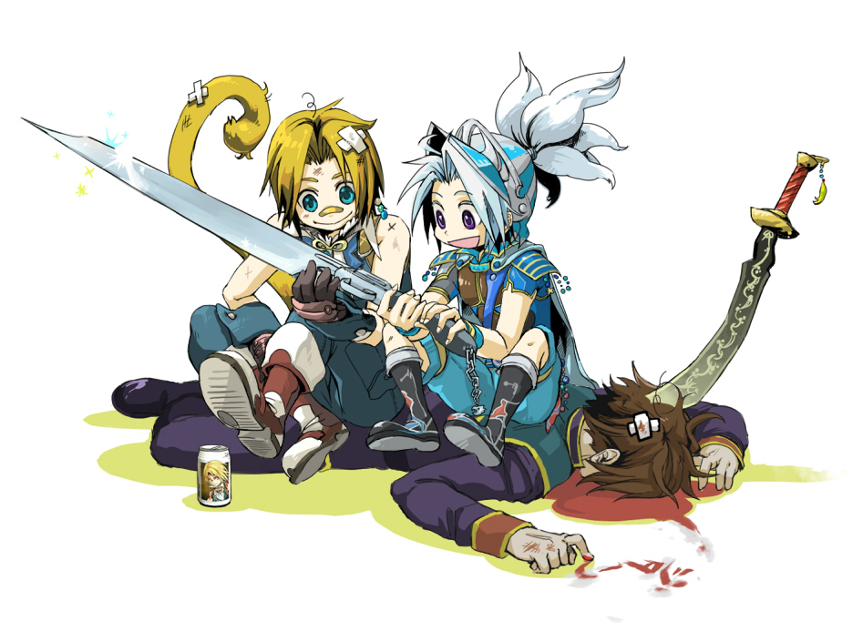 ngnl, luneth, onion knight, squall leonhart, zidane tribal, dissidia final fantasy, final fantasy, final fantasy iii, final fantasy ix, final fantasy x, 00s, 1990s (style), 3boys, alternate color, alternate costume, bandages, bandaid, blonde hair, blood, blue eyes, boots, brown hair, can, drink can, dying message, formal clothes, gunblade, helmet, male focus, multiple boys, potion, purple eyes, retro artstyle, sitting, smile, soda can, sword, tail, weapon, writing
