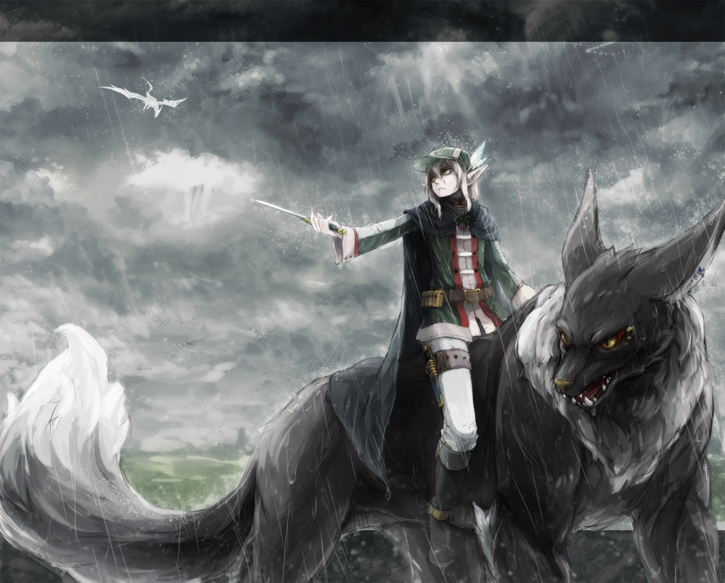 nemu (isaya), nemu (pixiv), original, pixiv fantasia, pixiv fantasia 3, gender request, androgynous, cloud, creature, dagger, dragon, fantasy, knife, pointy ears, rain, riding, sky, solo, weapon, wolf