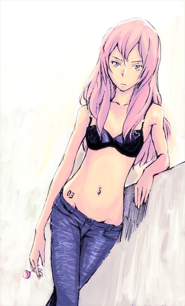 takano, megurine luka, vocaloid, bad id, bad pixiv id, blue eyes, bra, candy, casual, denim, food, groin, jeans, lingerie, lollipop, long hair, lowleg, lowleg pants, navel, navel piercing, pants, piercing, pink hair, solo, tattoo, underwear