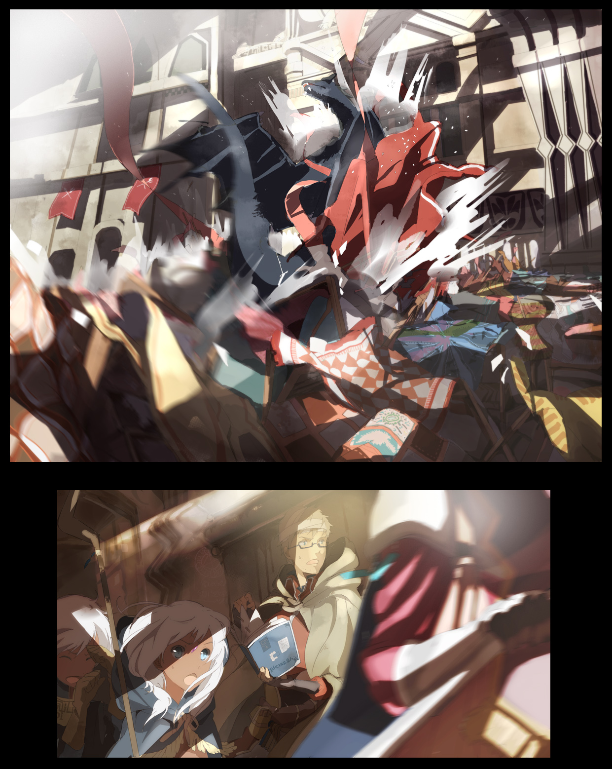 tanu, original, bad id, bad pixiv id, highres, 1boy, 3girls, bandages, book, dark skin, dragon, fantasy, glasses, market, multiple girls, running, surprised, white hair