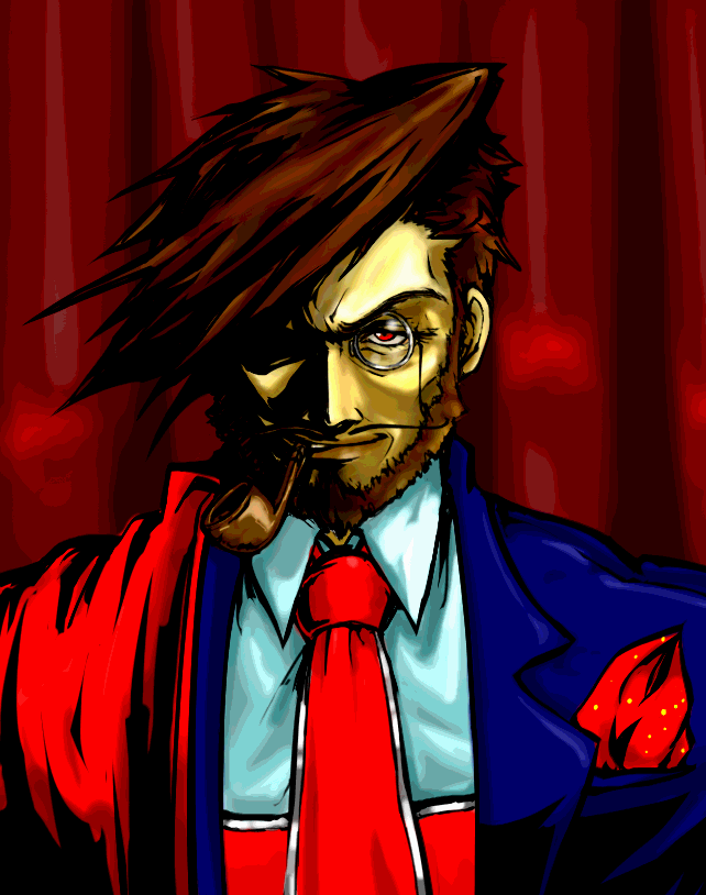 negikuri kaniko, slayer (guilty gear), arc system works, guilty gear, guilty gear xx, beard, brown hair, facial hair, handkerchief, male focus, manly, monocle, monocle chain, necktie, portrait, red eyes, smoking pipe, solo, vampire