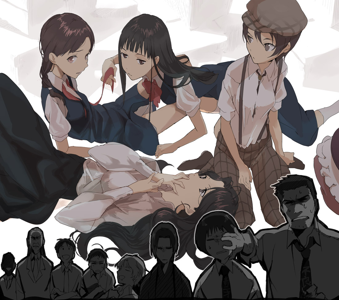 tanu, kiba shuutarou, mouryou no hako, bad id, bad pixiv id, 00s, 4girls, androgynous, hat, multiple girls, newsboy cap, reverse trap, school uniform, short hair, suspenders, yuri