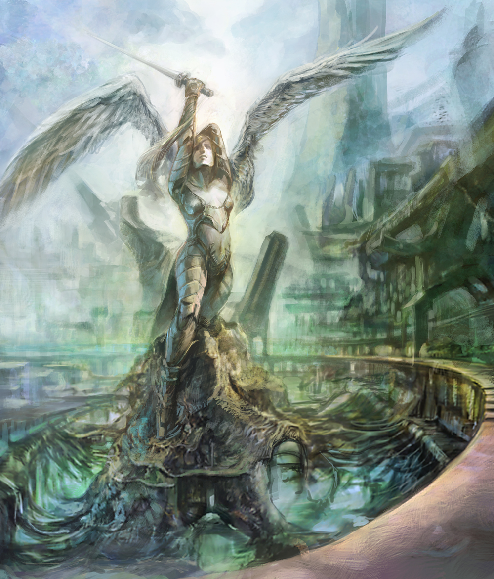 hayaken sarena, trunk, bad id, bad pixiv id, angel wings, armor, building, fantasy, no humans, scenery, statue, sword, weapon, wings