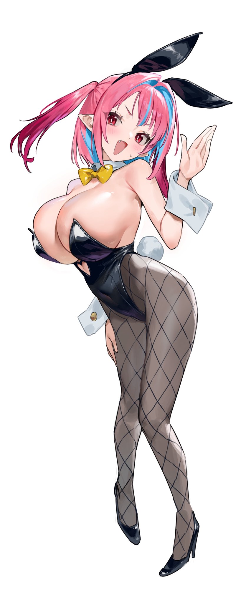 nonco, kanan (kanan-sama), kanan-sama wa akumade choroi, commentary request, highres, 1girl, animal ears, bare shoulders, black leotard, black pantyhose, black shoes, blue hair, blush, bow, bowtie, breasts, clothing cutout, colored inner hair, covered navel, detached collar, fang, fishnet pantyhose, fishnets, full body, hair horns, hair intakes, heart cutout, high heels, huge breasts, leotard, medium hair, multicolored hair, open mouth, pantyhose, pink eyes, pink hair, playboy bunny, pointy ears, rabbit ears, rabbit tail, salute, shoes, simple background, slit pupils, smile, solo, strapless, strapless leotard, streaked hair, sweatdrop, tail, thighs, two-tone hair, two side up, white background, white tail, white wrist cuffs, wrist cuffs, yellow bow, yellow bowtie